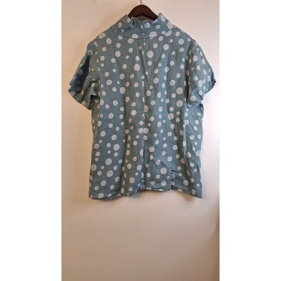 MADE IN ITALY 100% LINEN POLKADOT MOCK NECK SUMMER CASUAL RESORT TOP WOMEN MED. - Picture 4 of 5
